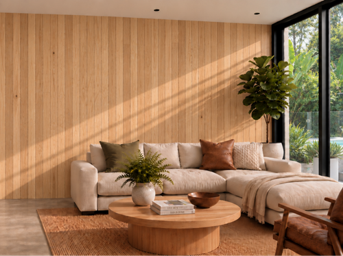 Living room with Ash timber wall lining