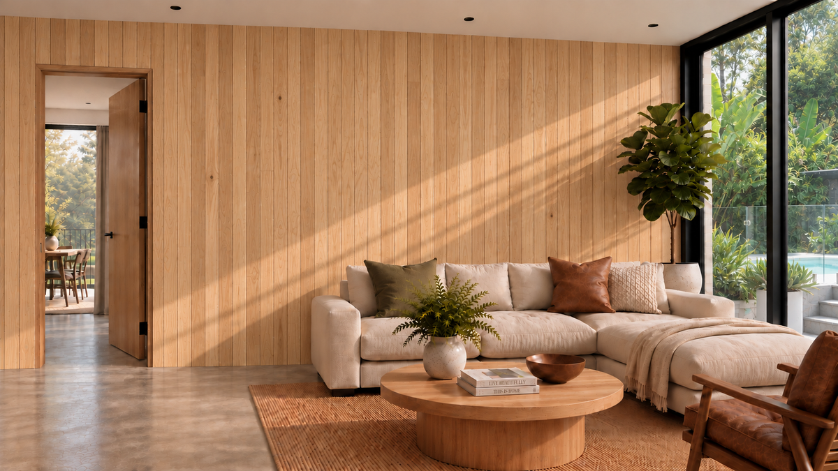 A modern living room with a light wood-paneled ash vjoint wall